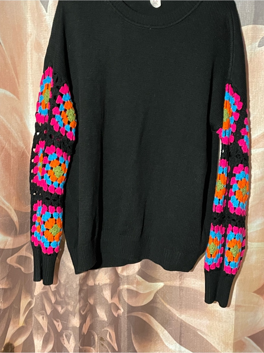 Black Crewneck Sweater with Multicolor Crochet Sleeve Panels NWOTS
